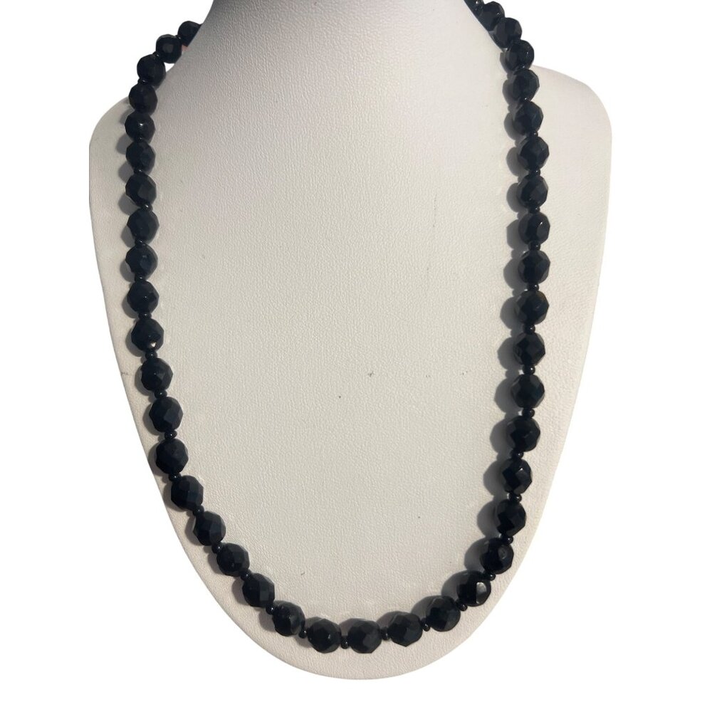 Vintage Black Faceted Glass Bead Necklace Gold Tone Spring Ring Layer Estate 19"